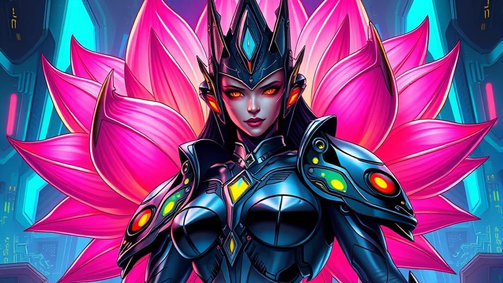 Cyberpunk Lotus Flower Queen in High-Tech Armor