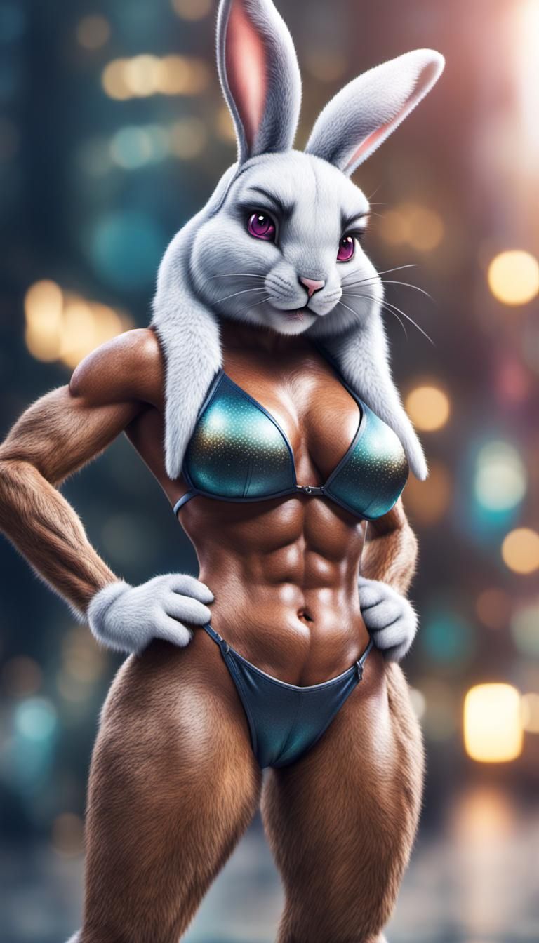 anthropomorphic bunny woman with massive body ,8k resolution concept art with furry bikini