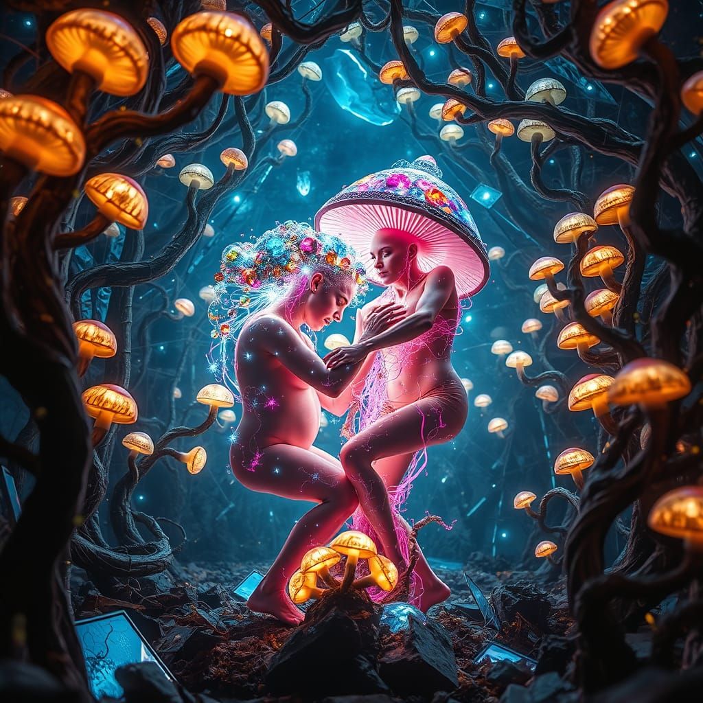 Surreal Mushrooms Engage in Ethereal Combat within a Shatter...