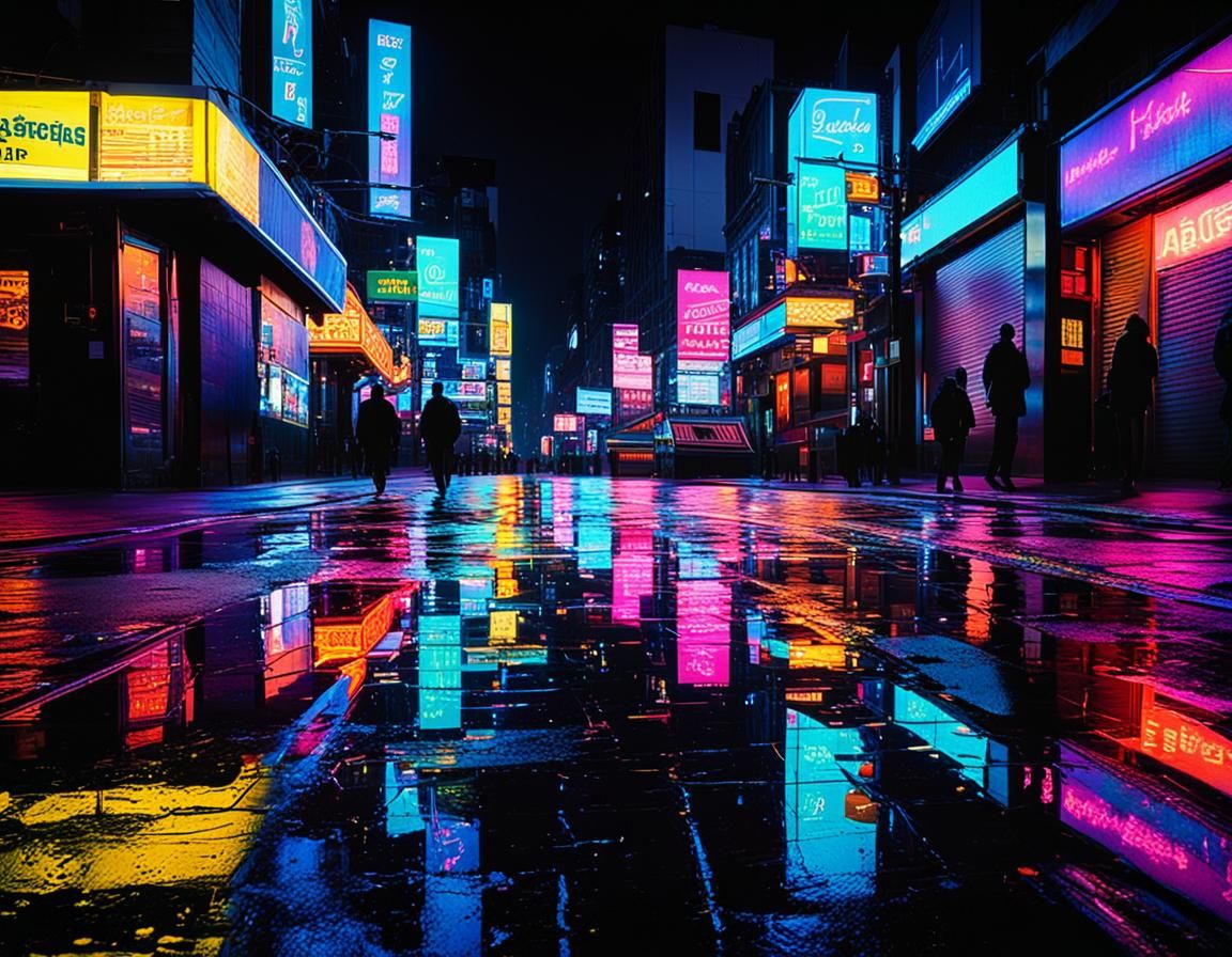 Vibrant Neon Lights in Dark City Street