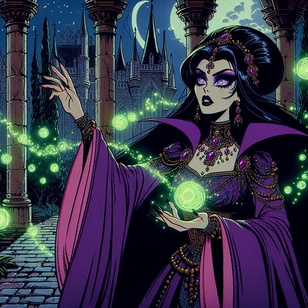 Vintage Cartoon Sorceress Casts Ancient Spell Under Mysterio...