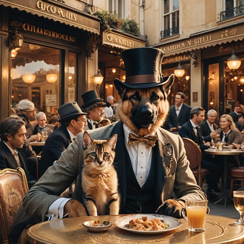 Cafe Scene with Man, Dog and Cat in Surreal Style