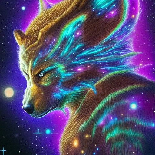 Detailed Galaxy Werewolf in Cosmic Illustration Style