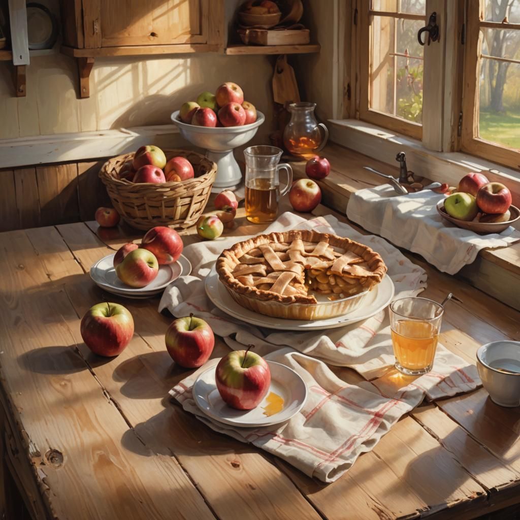 Cozy Country Kitchen with Apple Pie, Oil Painting