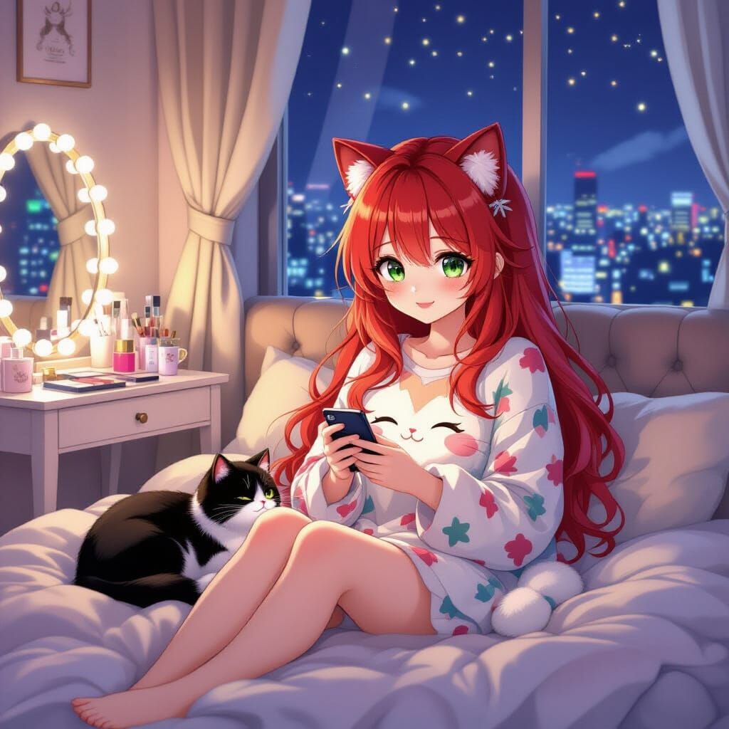 Anime Girl in Bed with Cat Overlooking Tokyo