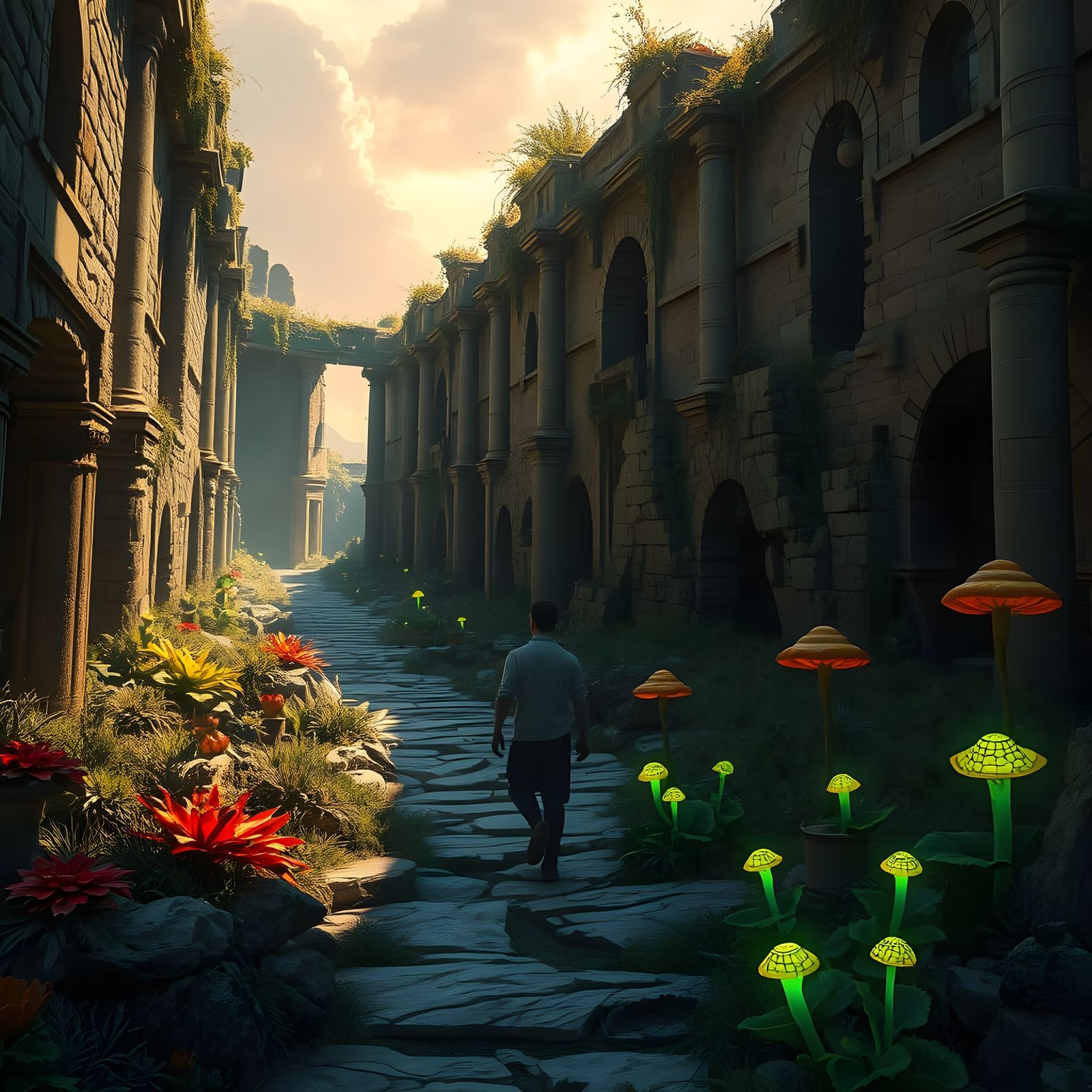 Walking in a Fantastical Roman Ruin with Vibrant Vegetation