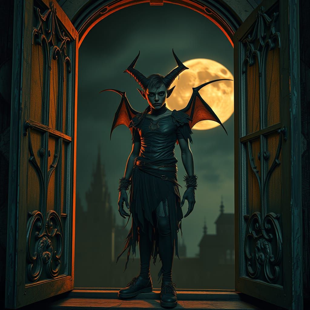 Dark Peter Pan Demon in Moonlit Window