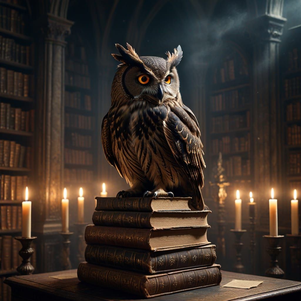 Wise Old Owl Surveys Ancient Tomes in Gothic Library