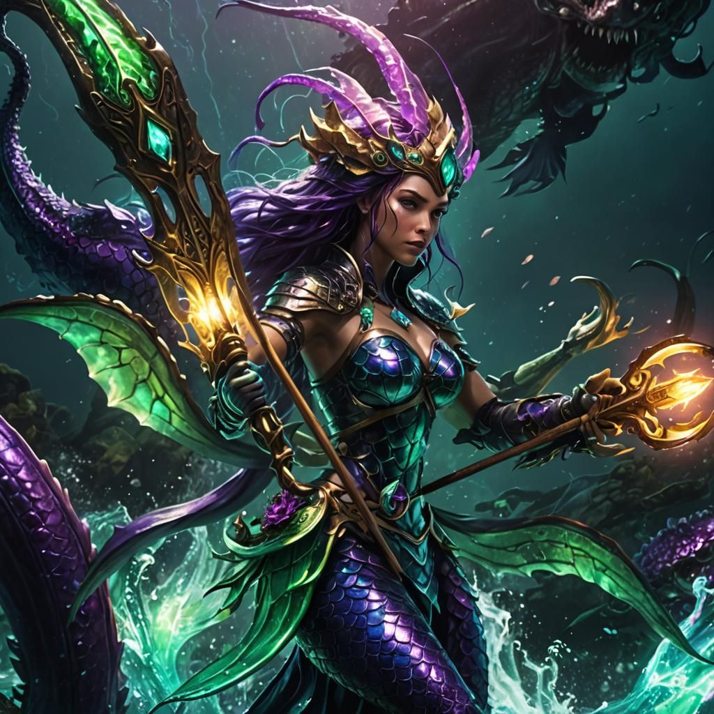 Armored Mermaid vs. Kraken in Dark Ocean Depths