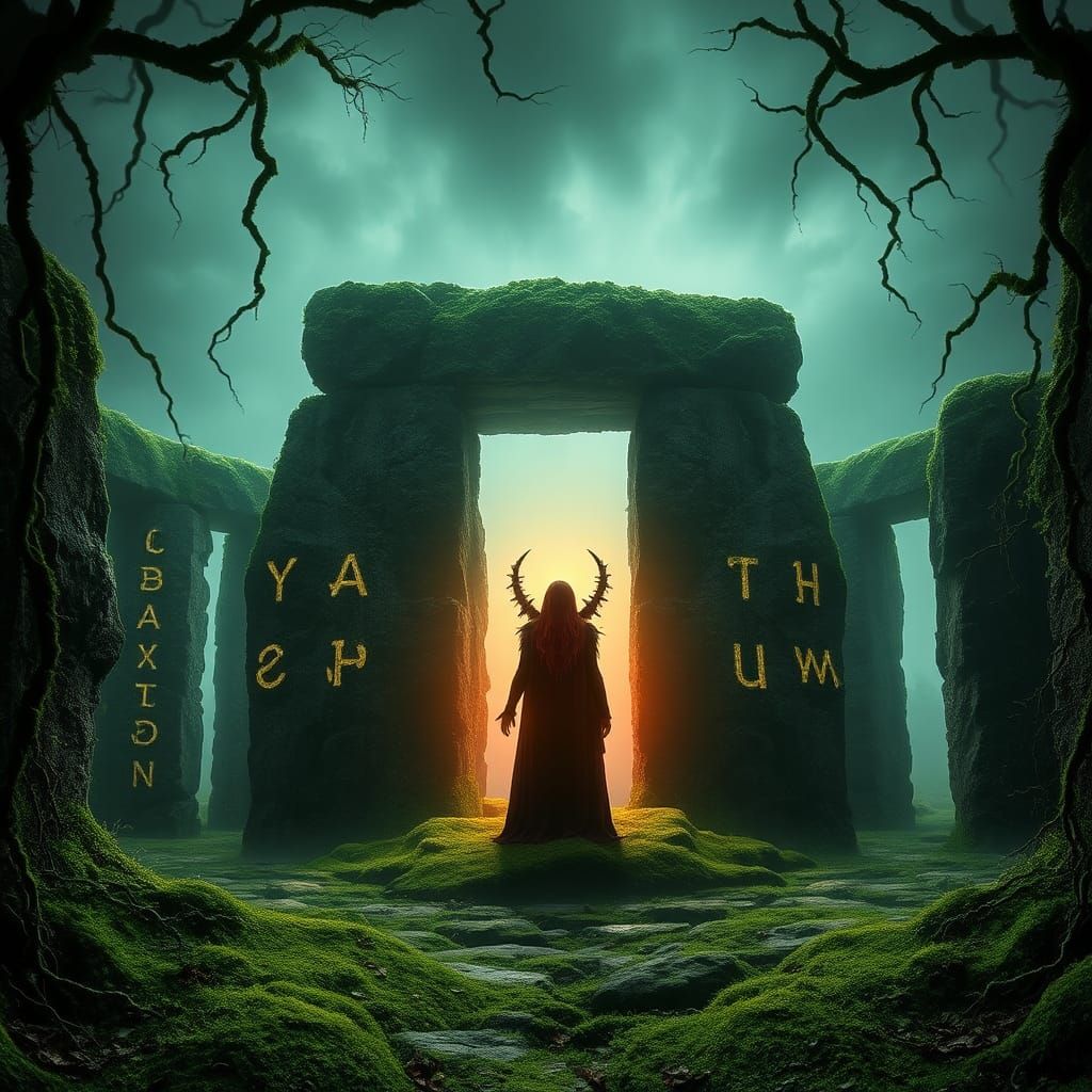 Morrigan in Stone Henge with Celtic Runes