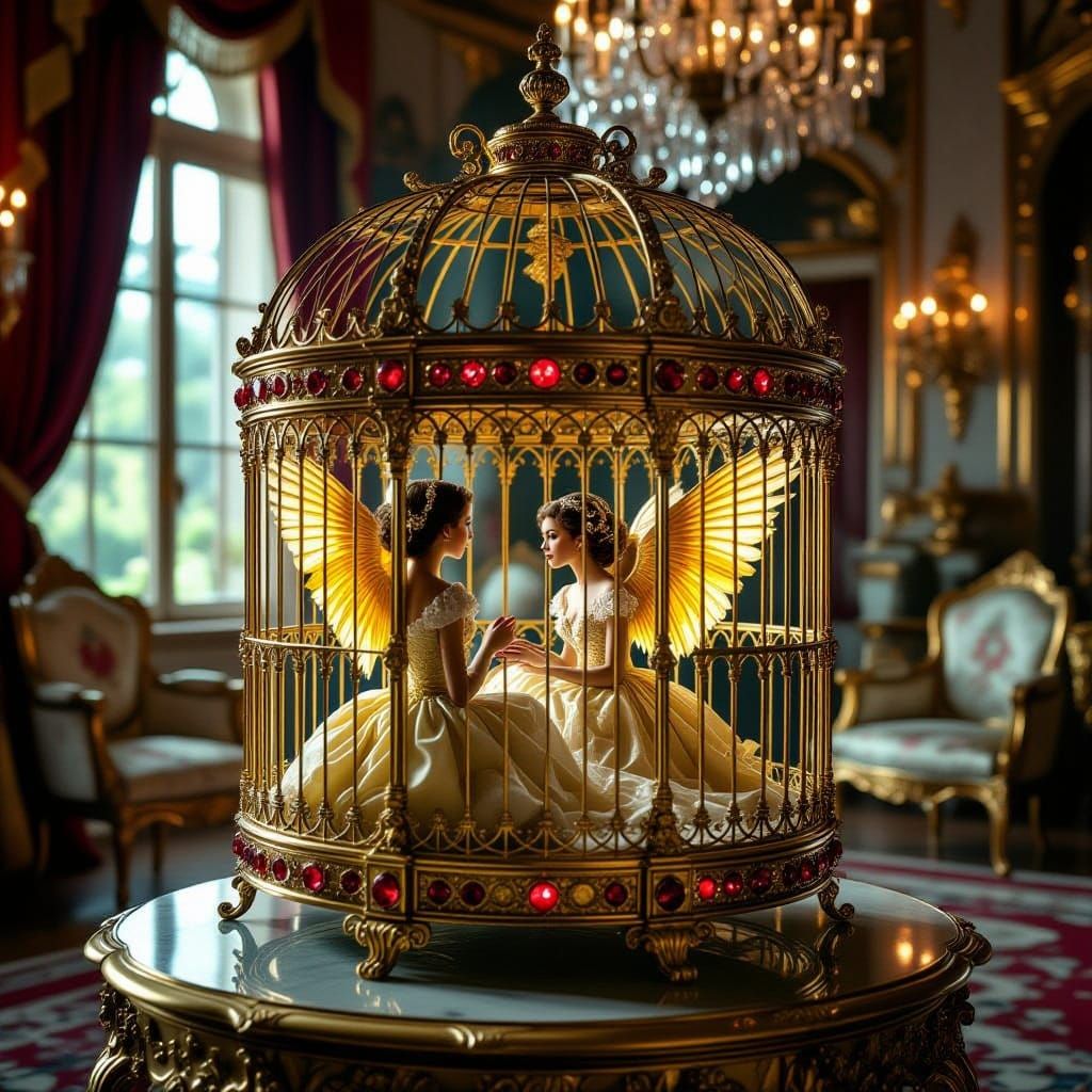 Surreal Ornate Birdcage with Winged Woman