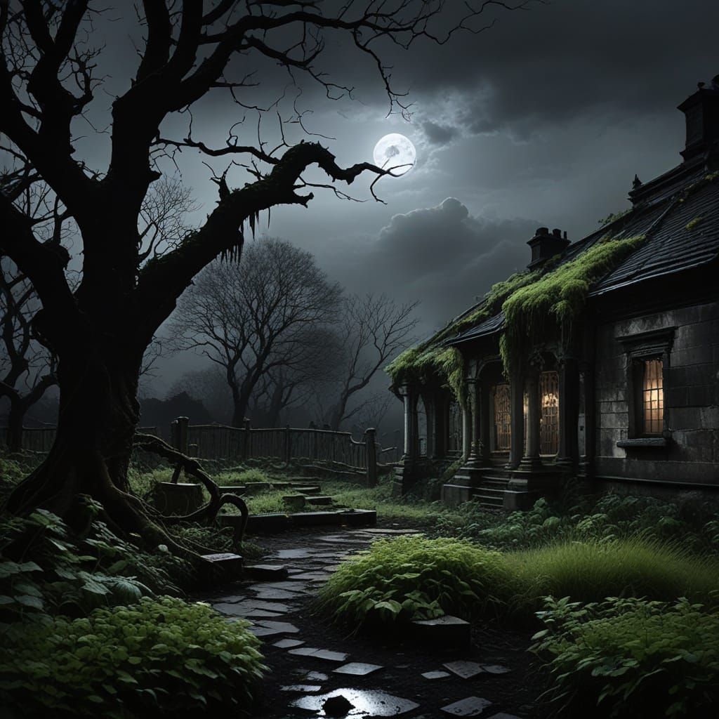 Creepy Abandoned Garden Under a Stormy Moon