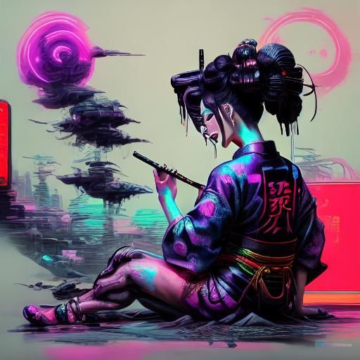 Cyberpunk Samurai Warrior in Neon Style
