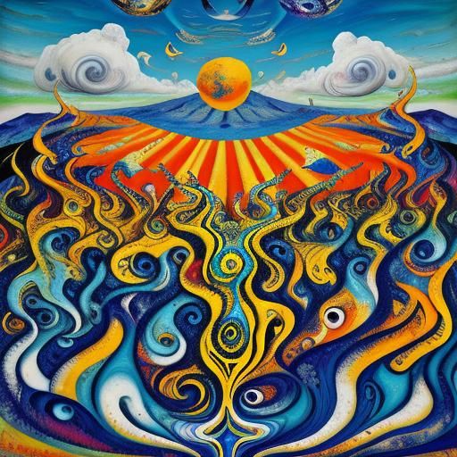 Psychedelic Dancers in Extravagant Landscape, Oil Painting