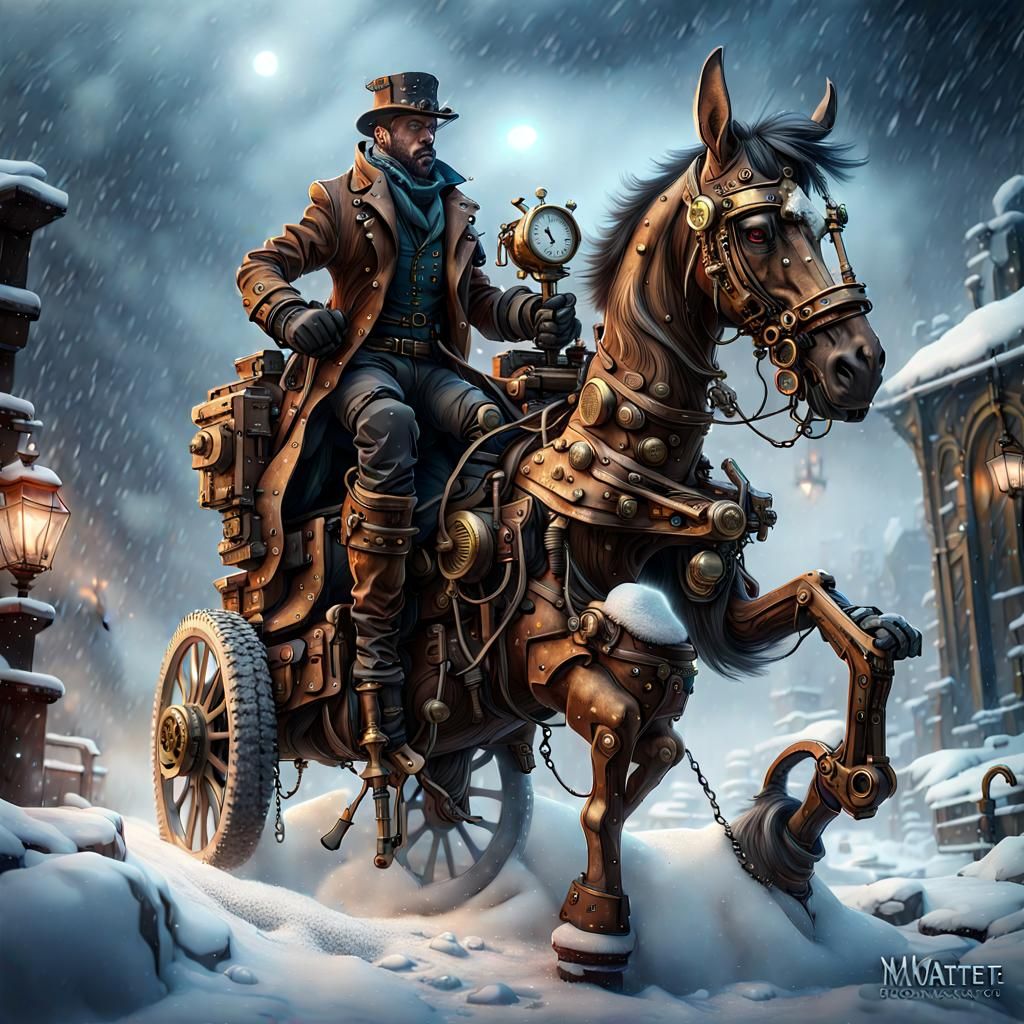 Steampunk Explorer Rides Bronze Horse in Snowstorm