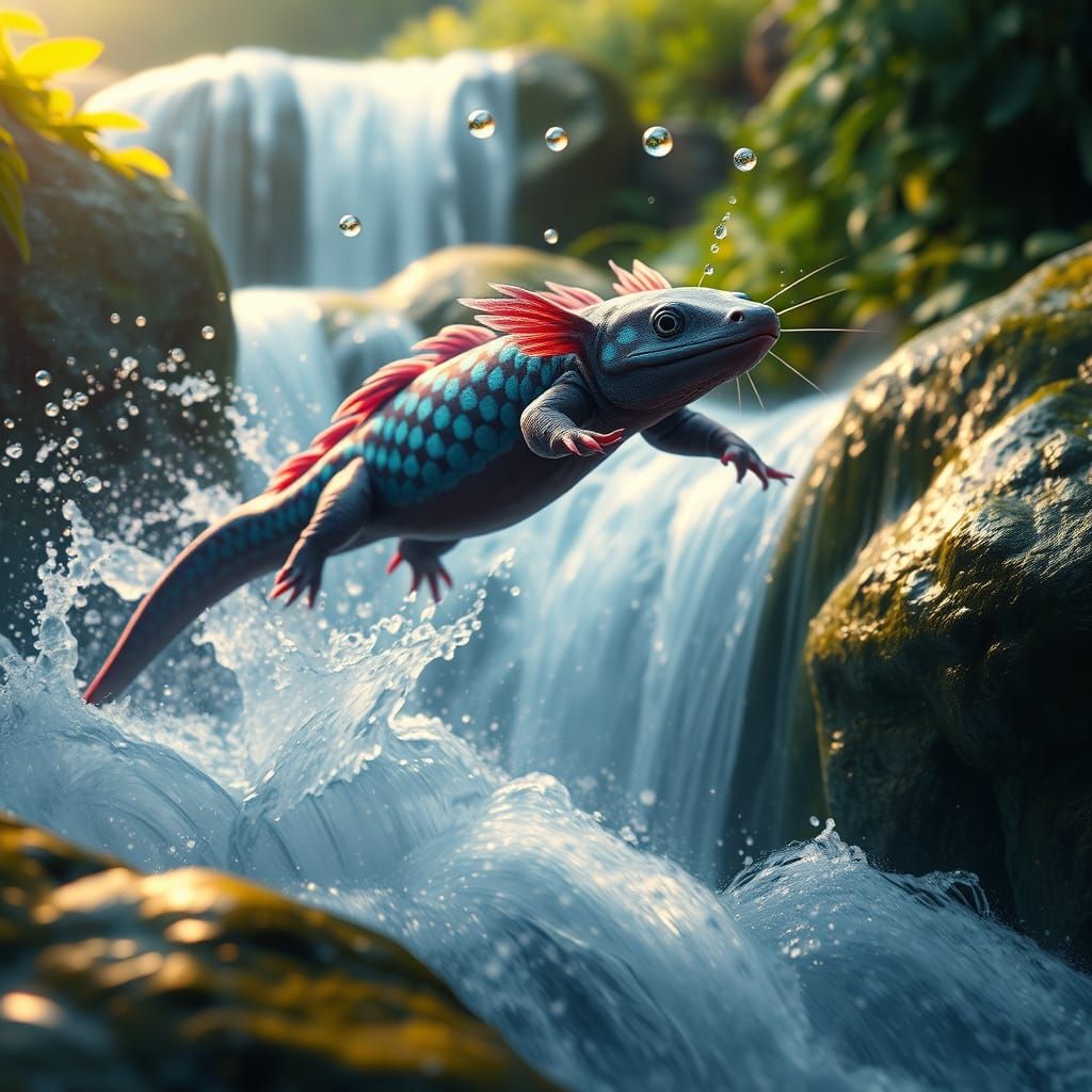 Surreal Axolotl Emerges from Whimsical Waterfall