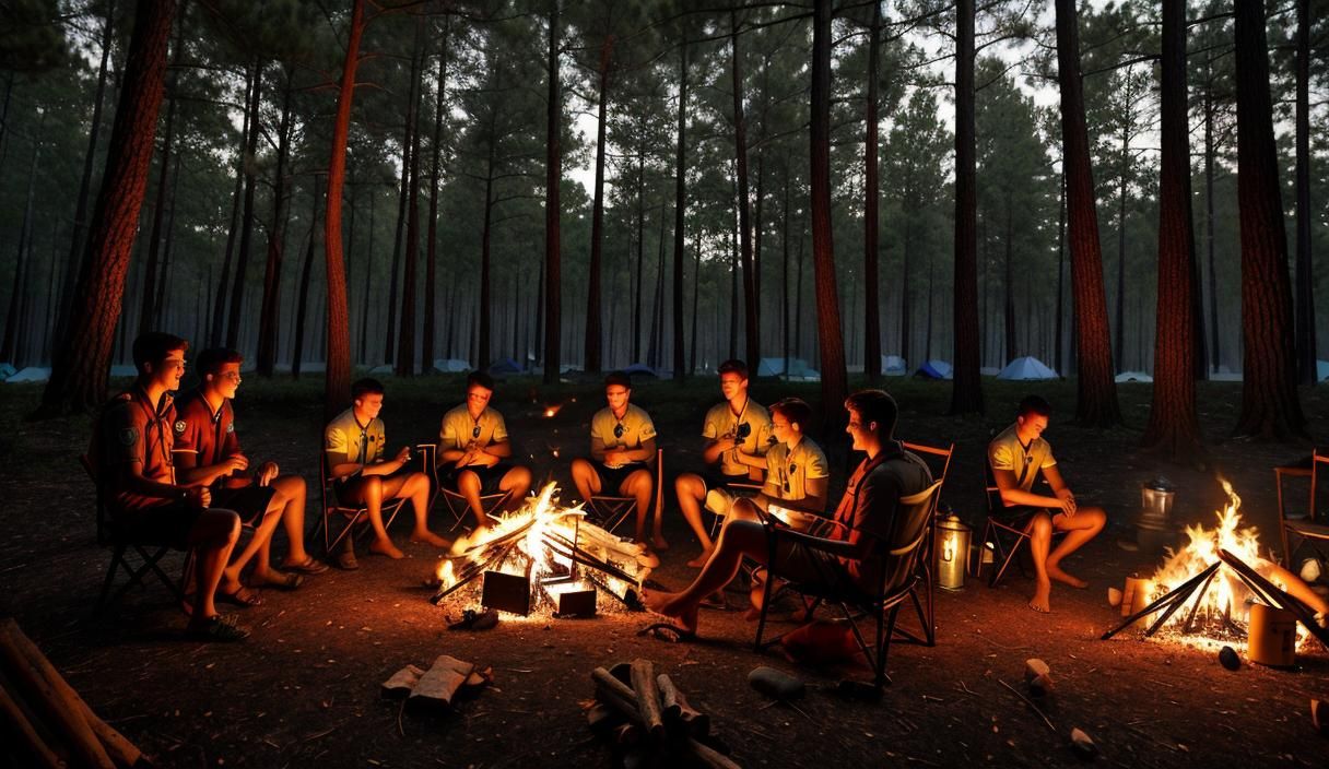 Boy Scouts Camping in Pine Forest at Dusk