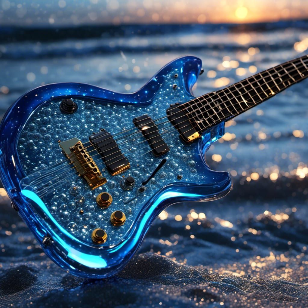 Galaxy Glass Guitar on Beach in Cyberpunk Style
