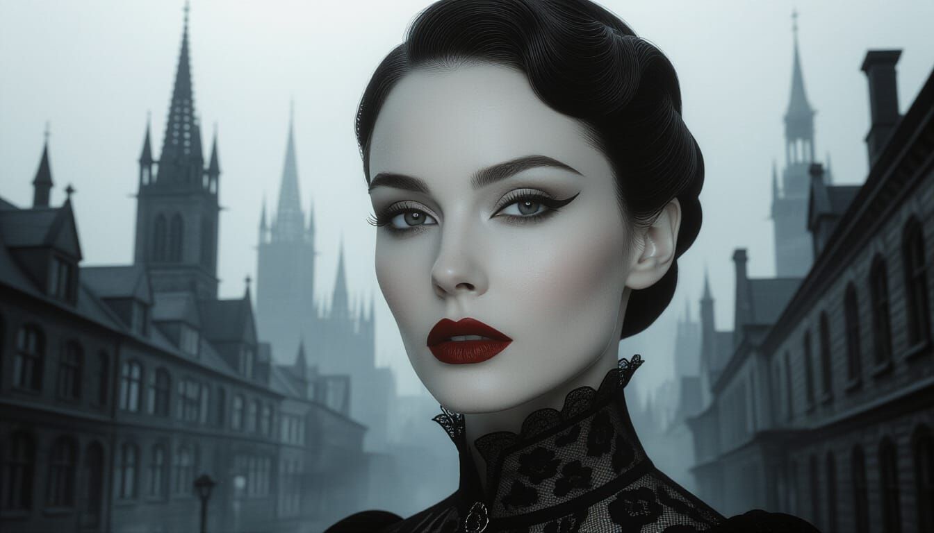 Gothic Cityscape Merged With Woman's Face in Double Exposure