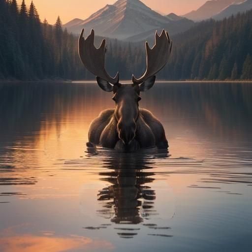 Moose Swimming in Lake at Sunset