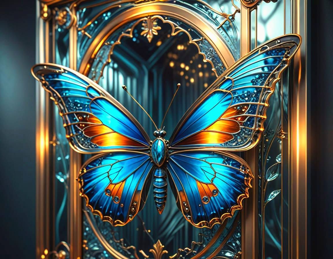 Butterfly Glass Sculpture in Steel Frame, Art Deco Style