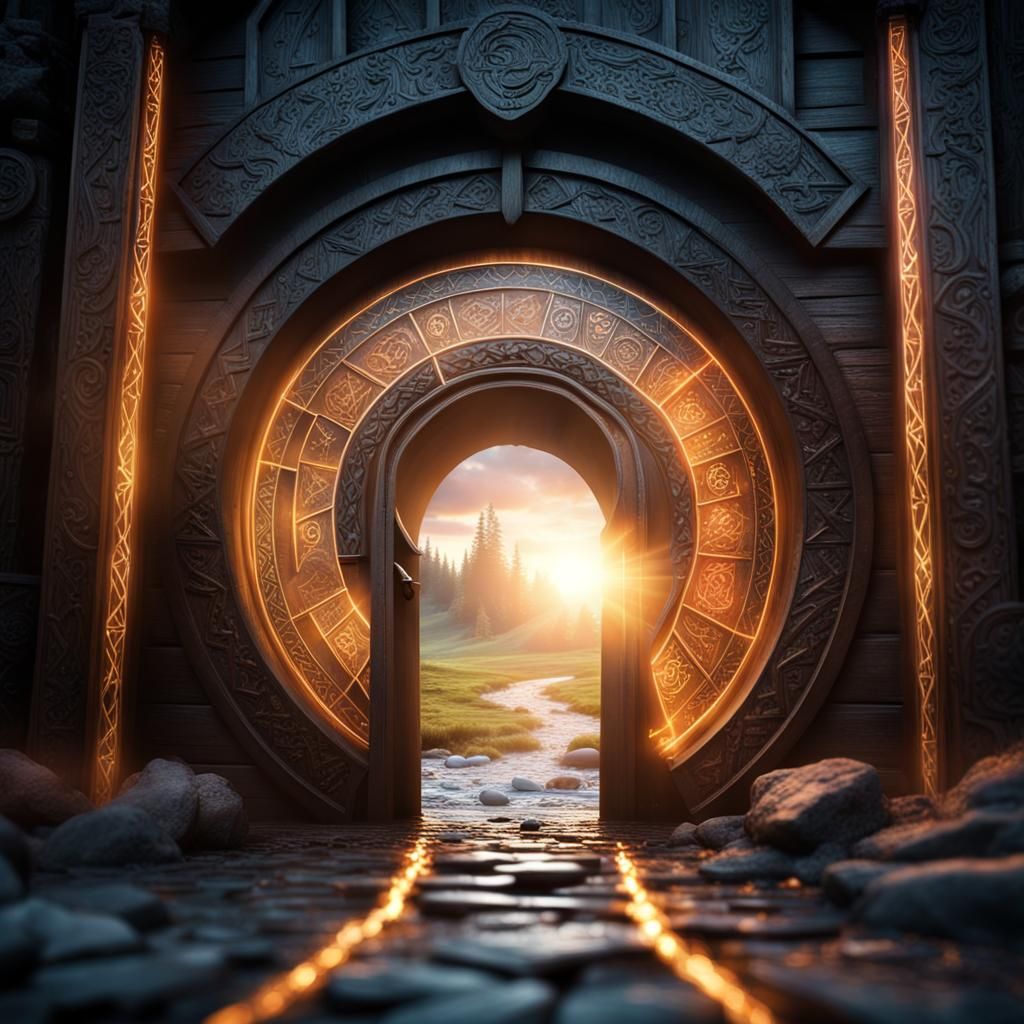 Bifrost Pathway to Asgard: Hyperrealistic Rune Portal