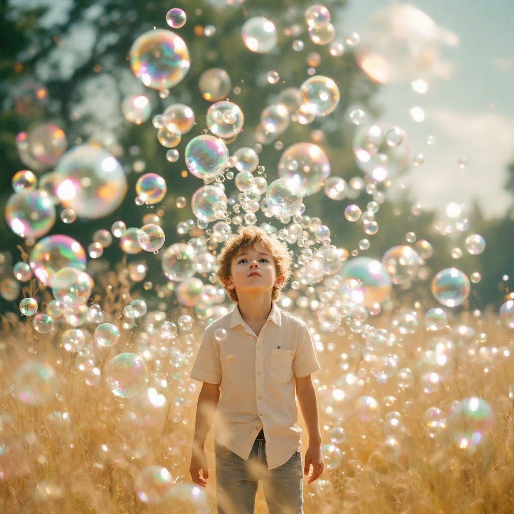 Boy Blows Bubbles in a Whimsical Field