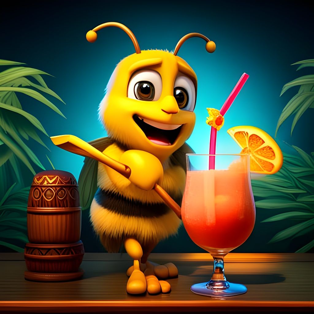 Bee at Tiki Bar: 3D Rendered Pixar Style