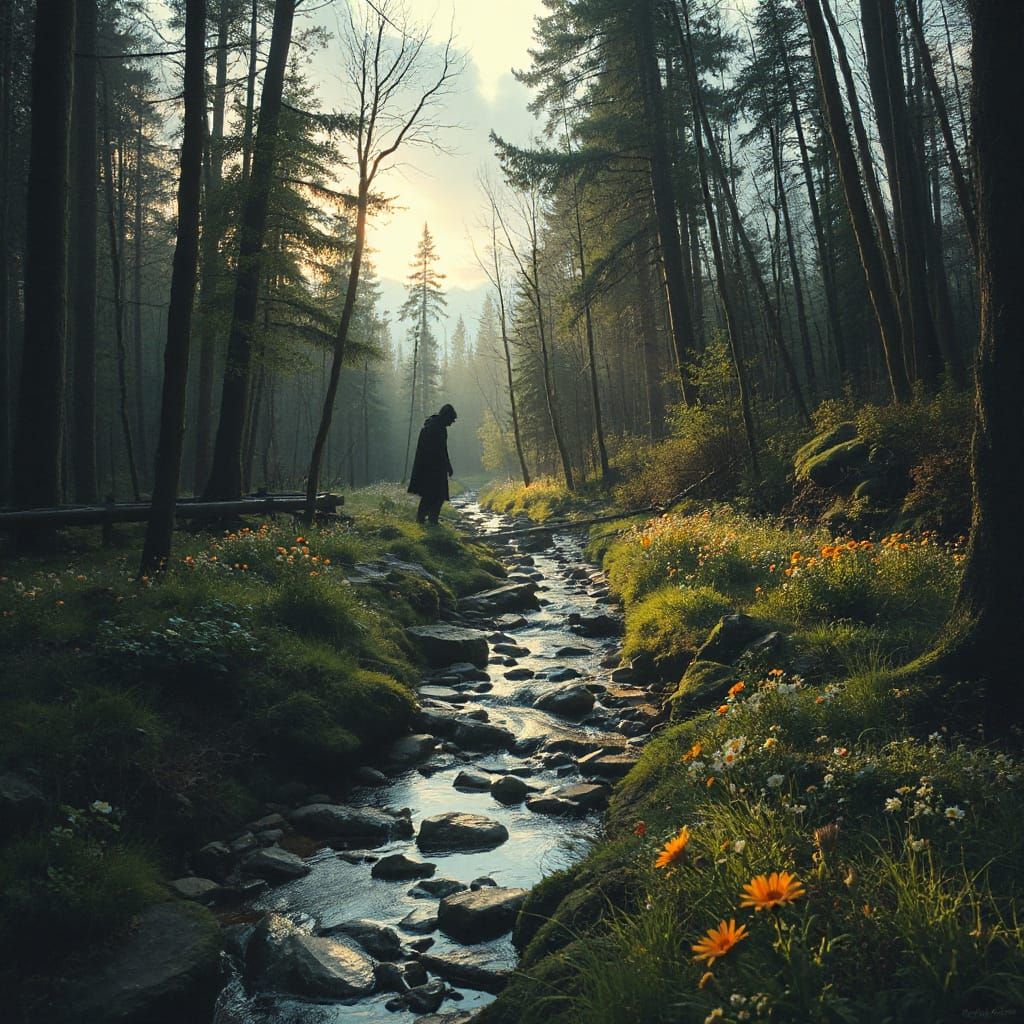 Sinister Stream with Flowers in Whimsical Woods