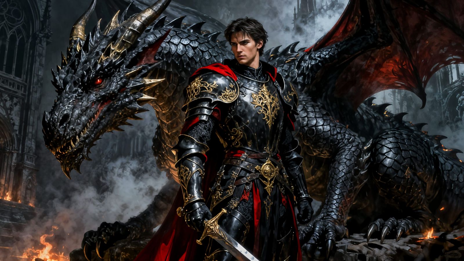 Gothic Knight and Dragon in Dark Fantasy
