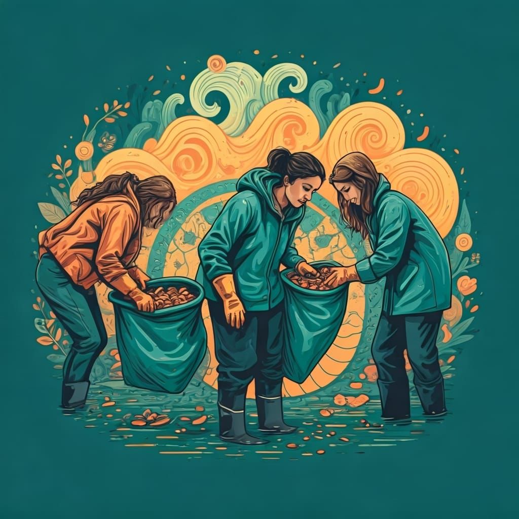 Volunteers Cleaning Polluted River, Eco-Friendly Style