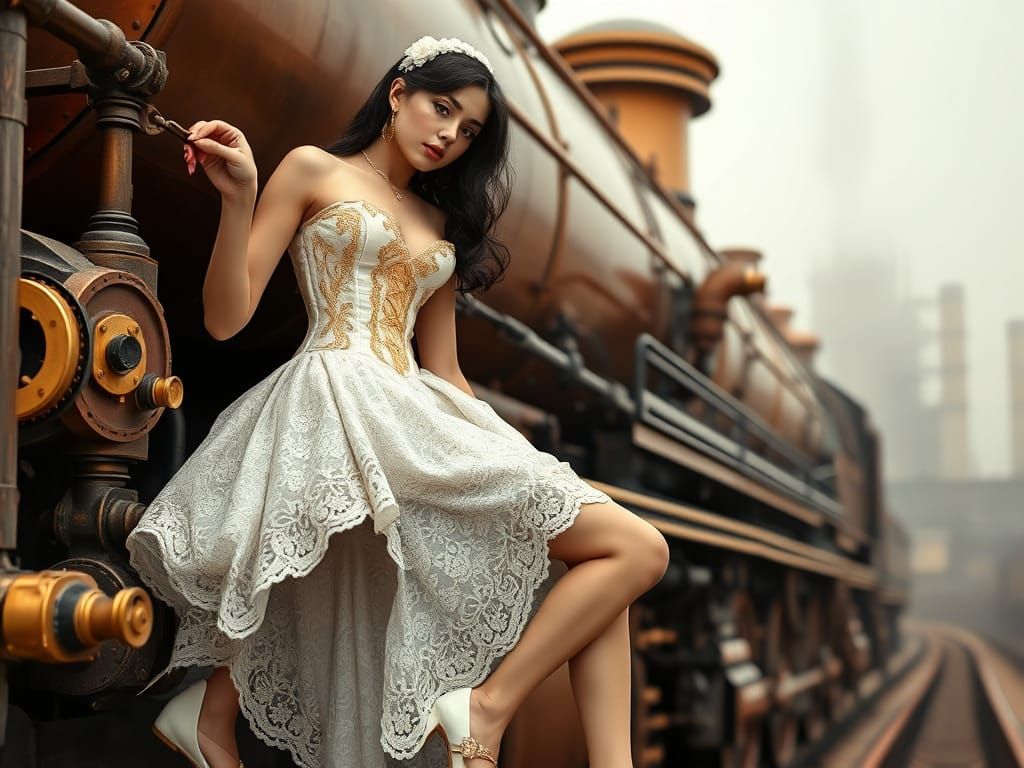 Steampunk Lady in All-White Corset Dress with Steam-Powered ...