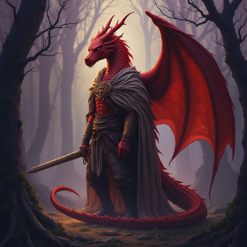 Vigilant Red Dragonborn Warrior in Twilight Forest