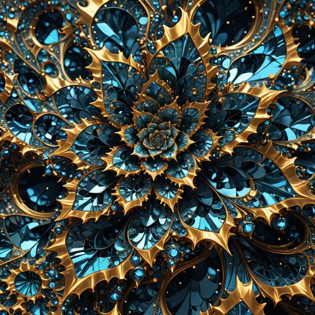 Golden Fractal Landscape on Blue Glass