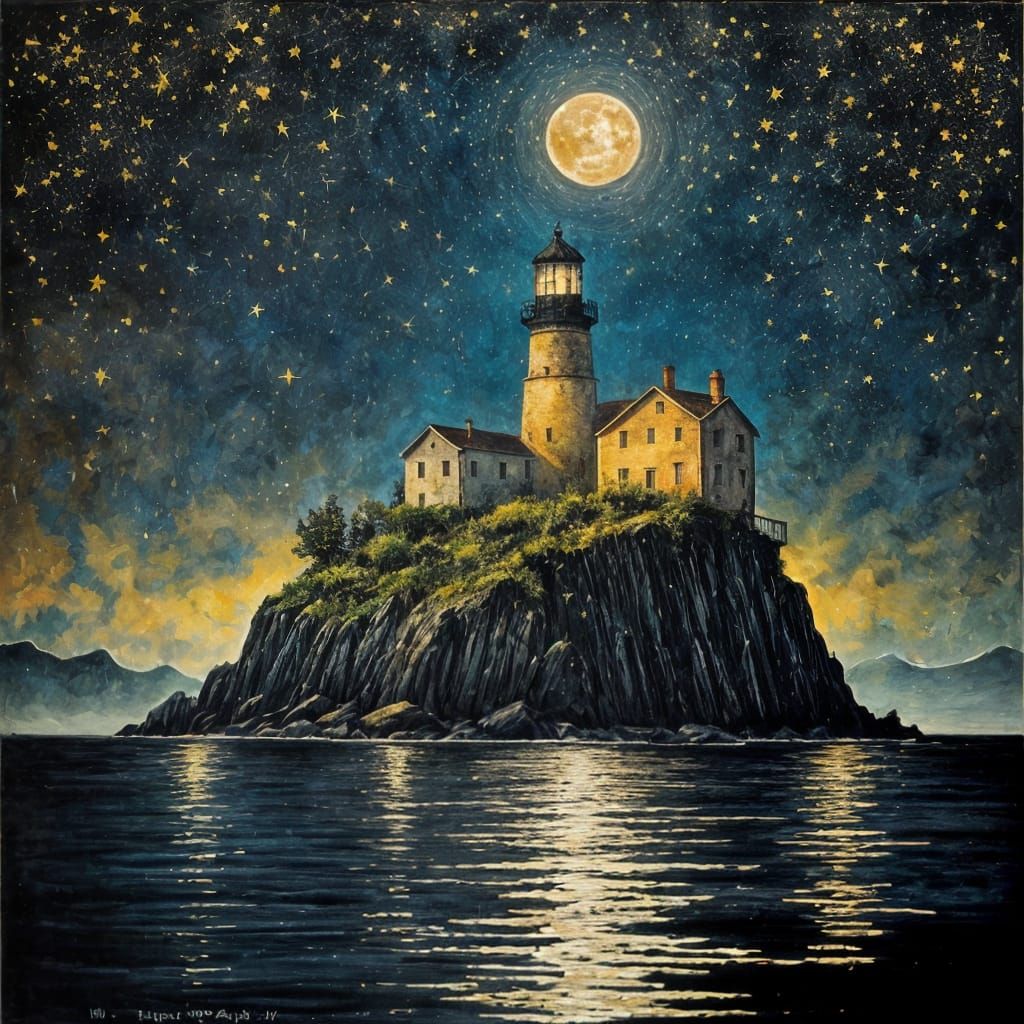 Golden Moon Lit Lighthouse in Grungy Oil Painting