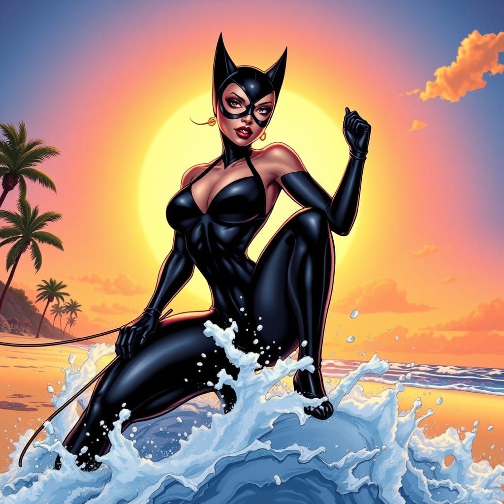Catwoman on the beach comic book style