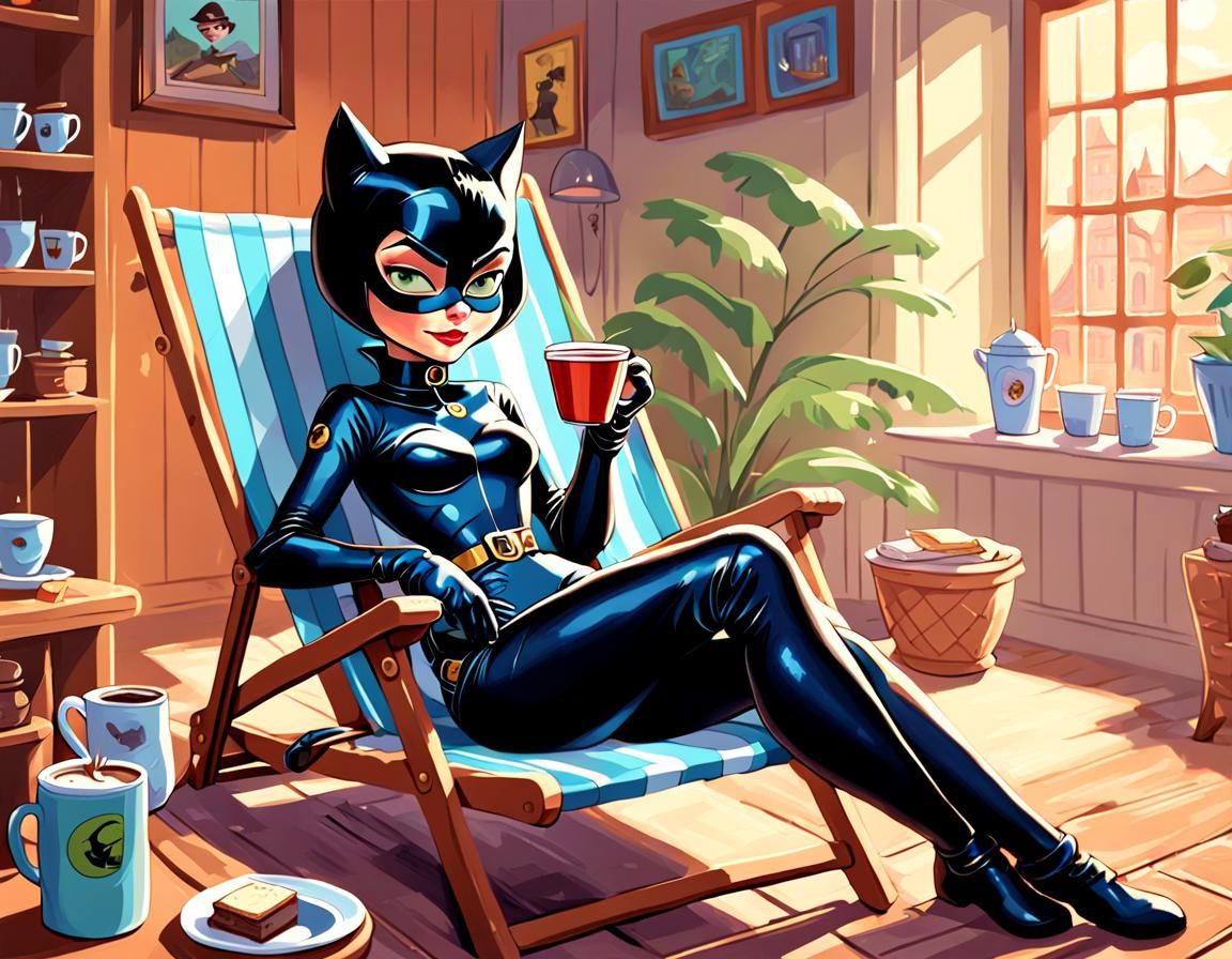 Cartoon Catwoman Sipping Coffee in Cozy Room