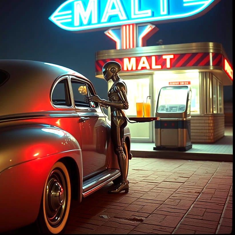 Vintage Chrome Car Surrounded by Martian Malt Shop Glamour