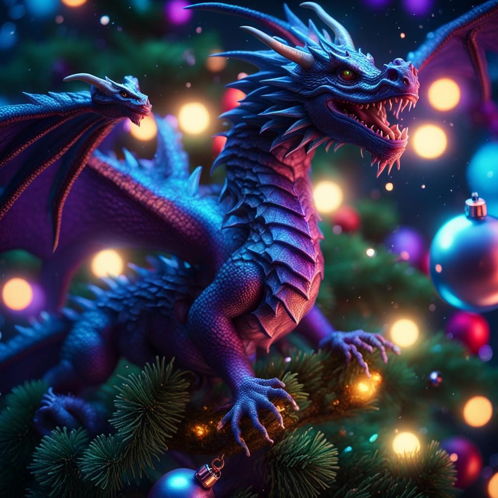 Cyberpunk Dragon Flying Around Christmas Tree