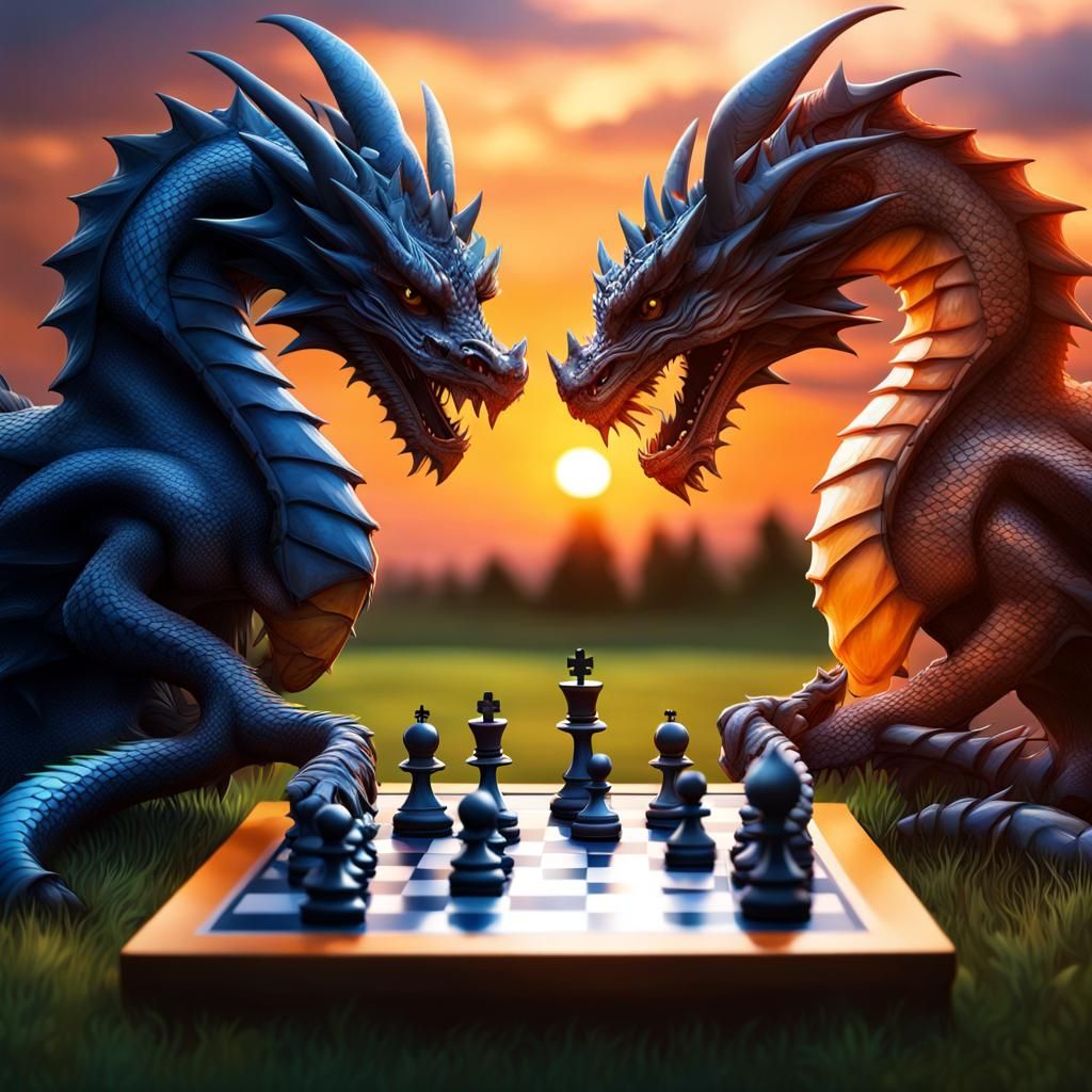 Dragons Play Chess at Sunset: Hyperrealistic Concept Art