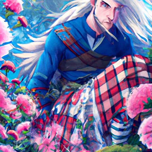 Vigilant Highlander Surrounded by Whimsical Forest Blooms