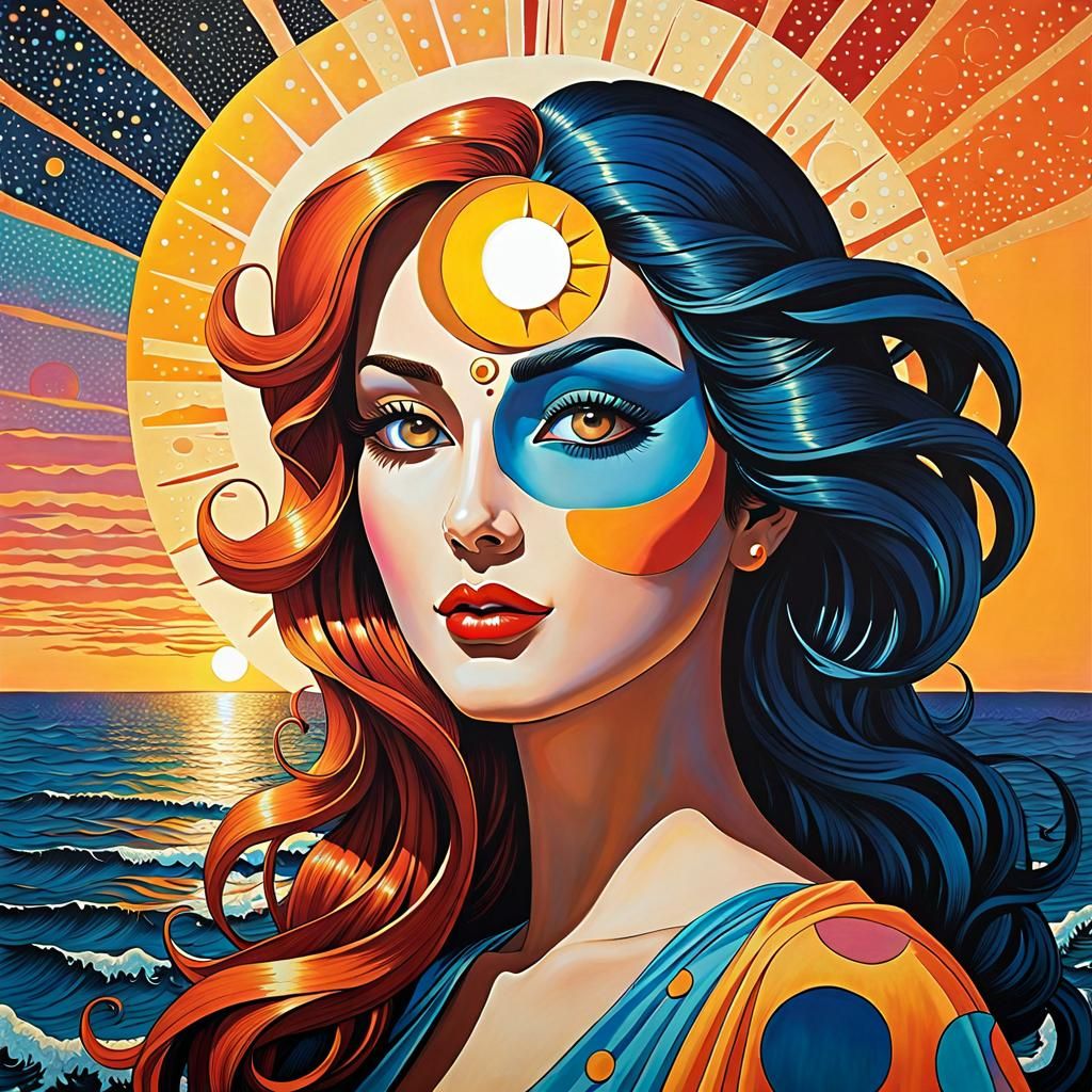 Pop Art Woman with Sun and Moon Face