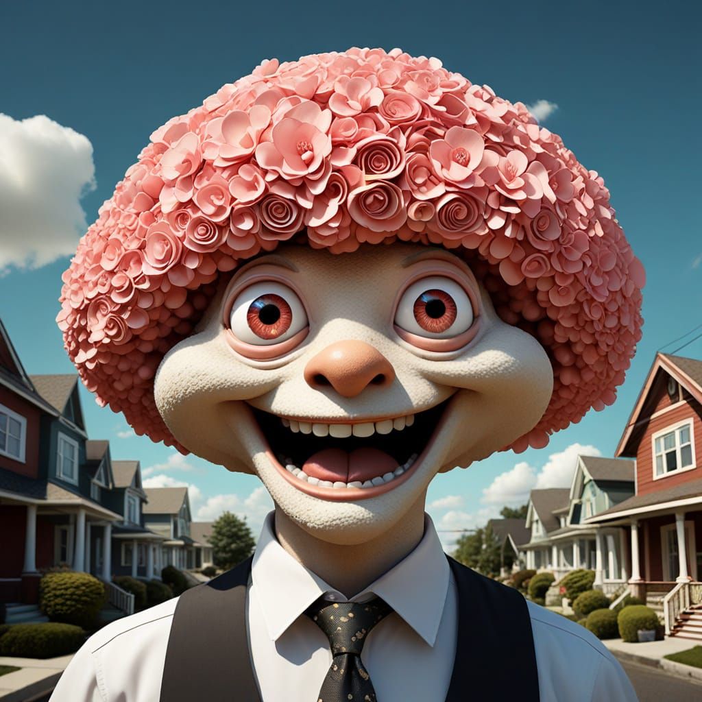Whimsical Mushroom Cloud Blooms in Retro Suburbia