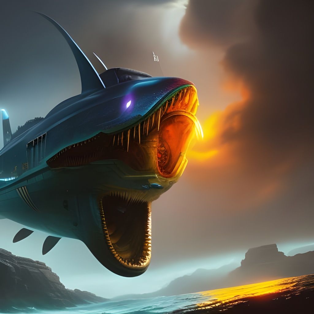 Leviathan and Submarine in Fantasy Underwater World