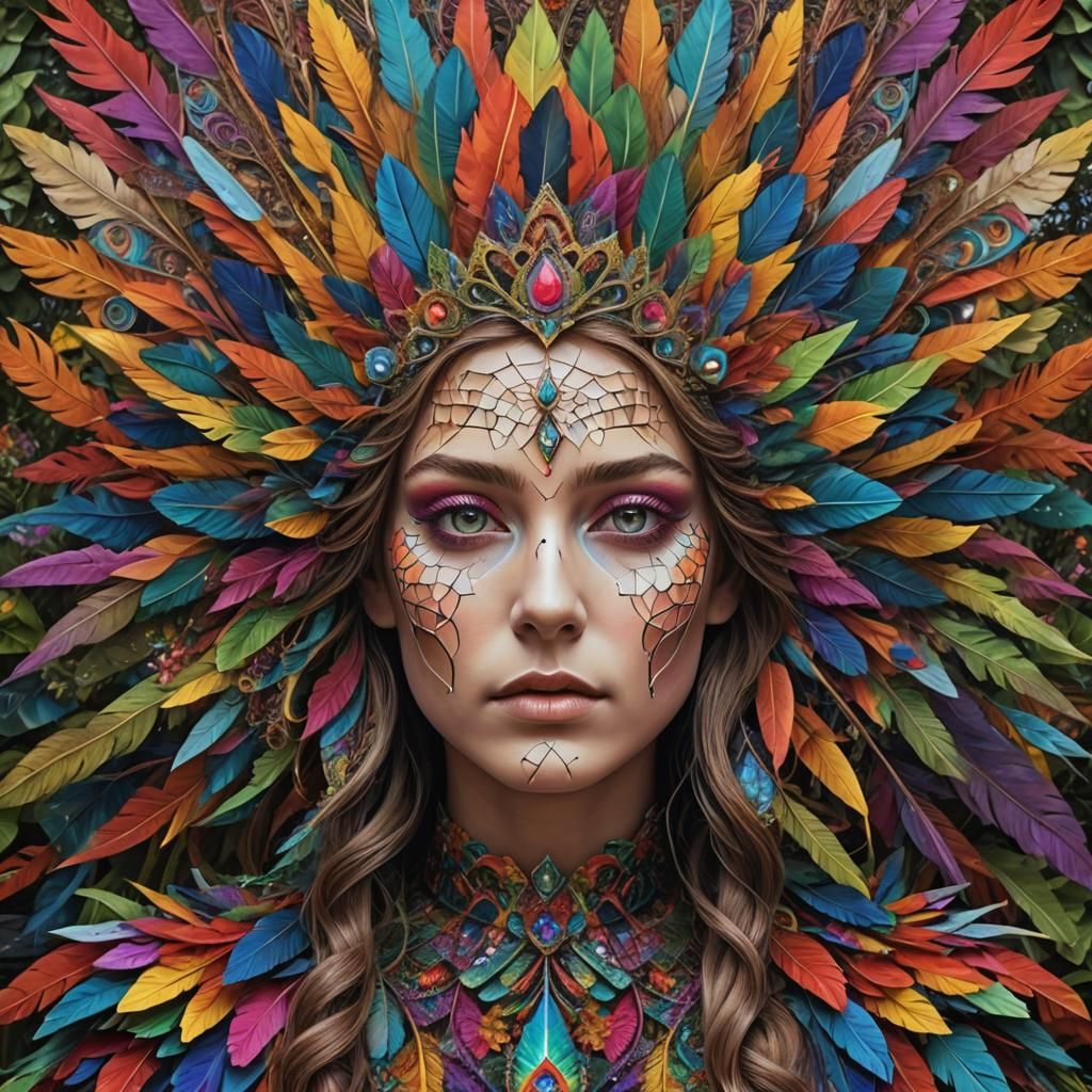 Fractal Princess Portrait with Rainbow Feathers