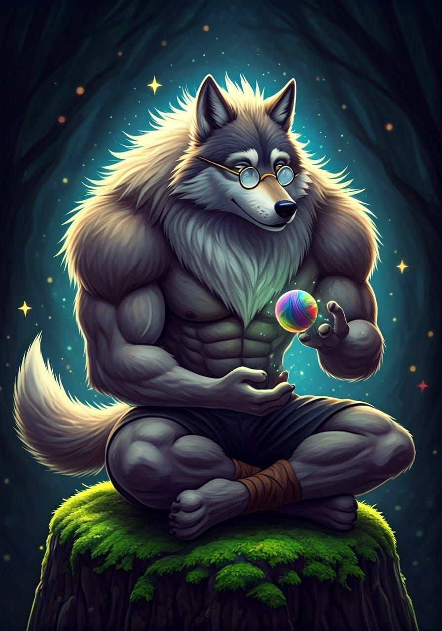 Wolf Wizard Meditates in Enchanted Forest, Animated Style