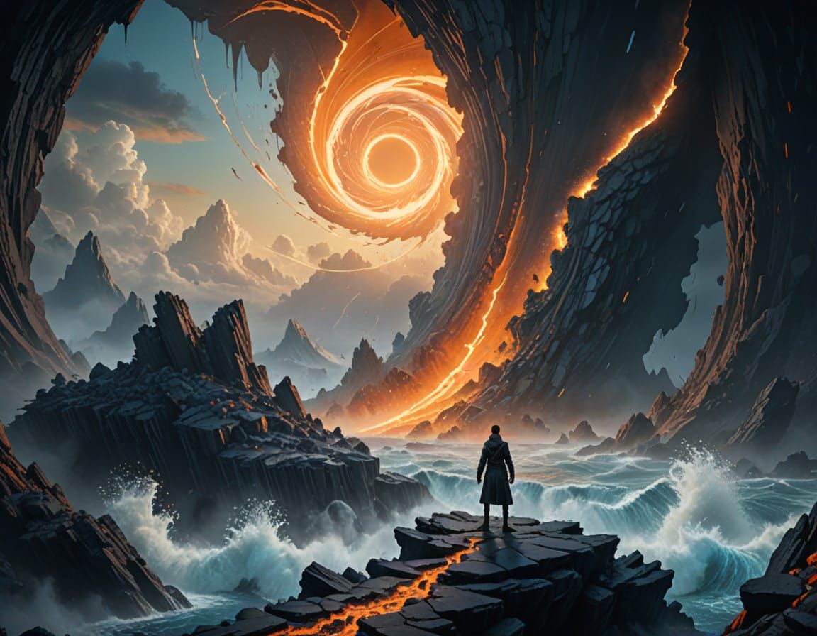Lone Figure Gazing at Vortex in Fantasy Landscape