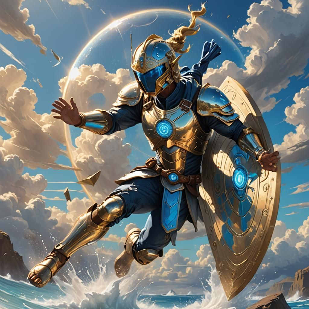 Armored Figure Shield Surfing Concept Art