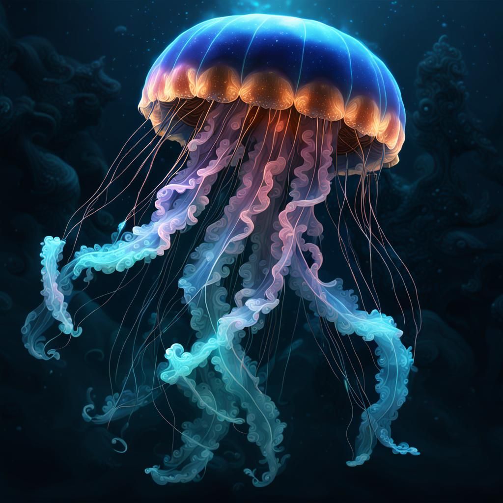 Ornate Glowing Jellyfish in Deep Sea