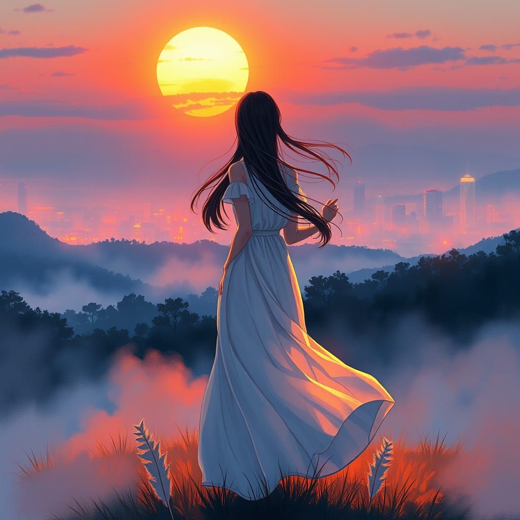 Ethereal Dusk Goddess in Neon Cityscape